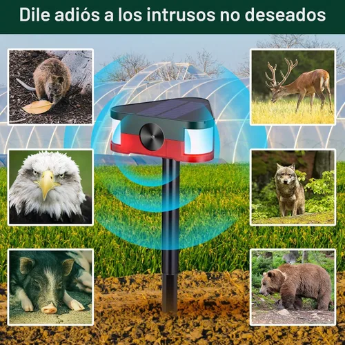 Vista 4 de Qualirey Paquete de 4 alarmas solares de 360° con sensor de movimiento para exteriores, 4 modos de disuasión ultrasónica de animales con 3 sirenas