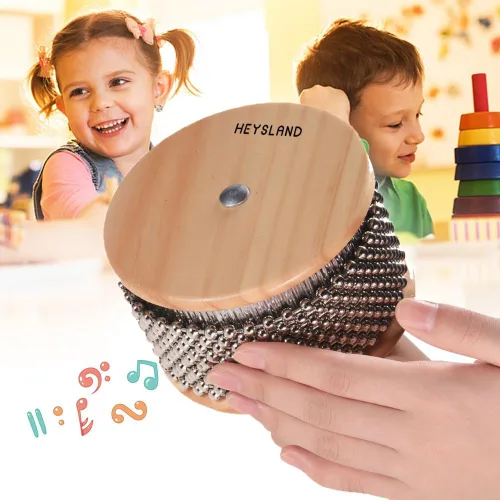 Vista 6 de Heysland Cabasa de madera instrumento musical de percusión de metal con cuentas de cadena y cilindro Pop Hand Shaker para banda educación musical