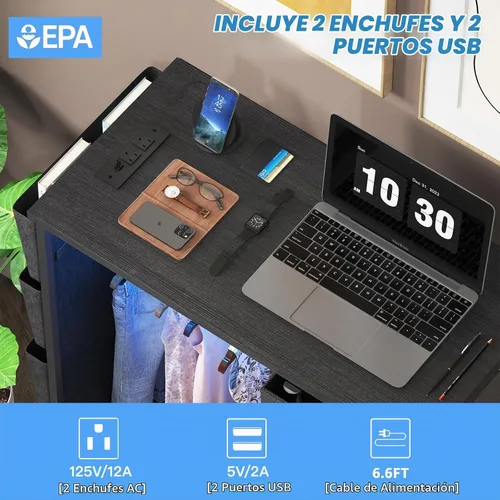 Vista 6 de Cómoda de 6 cajones para dormitorio con perchero para ropa, cómoda para ropa con bolsillos laterales y ganchos, estación de carga y luces LED, parte