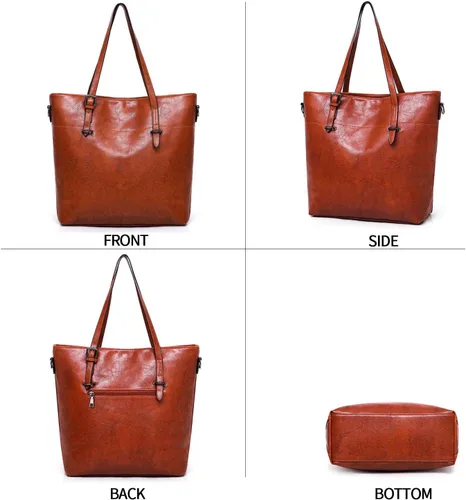 Vista 3 de Bolso y bolso vintage para mujer, bolso de hombro de cuero, bolso grande con asa superior, juego de 4 piezas, Azul oscuro