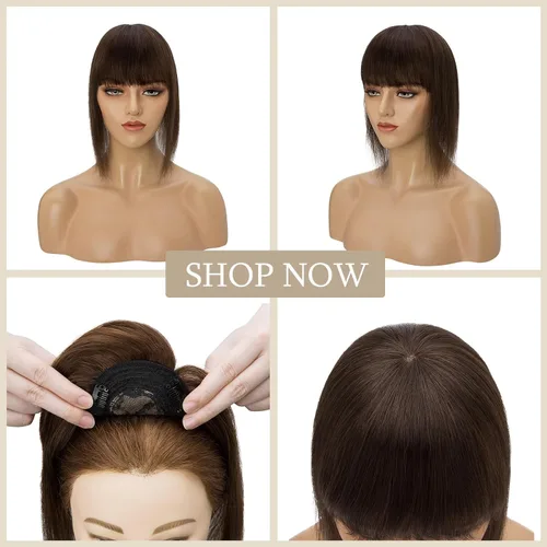 Vista 5 de MY-LADY Top Hairpieces para mujer con flequillo, base mono natural, 100% cabello humano real, clip en pieza de cabello lacio en medio para pérdida