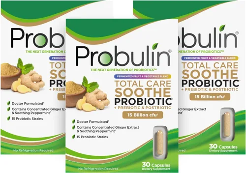 Vista 10 de Probulin Total Care Soothe Prebiótico, probiótico y postbiótico + jengibre y menta para calmar la digestión, 15 mil millones de UFC, 15 cepas, 30