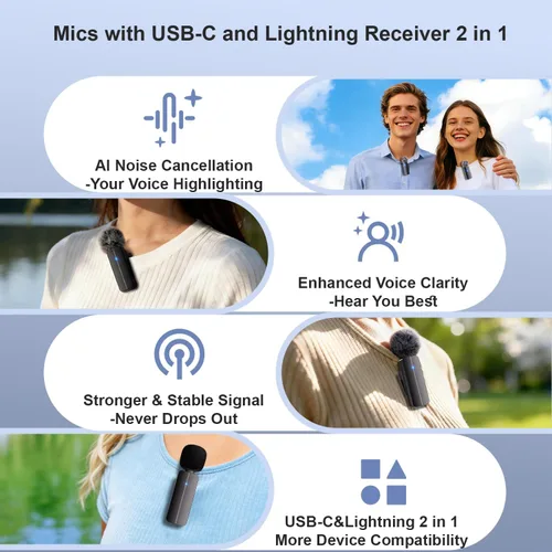 Vista 2 de Paquete de 2 micrófonos inalámbricos mini Lavalier de solapa para iPhone, teléfono Android (2 en 1) - micrófonos duales inalámbricos con clip de 65