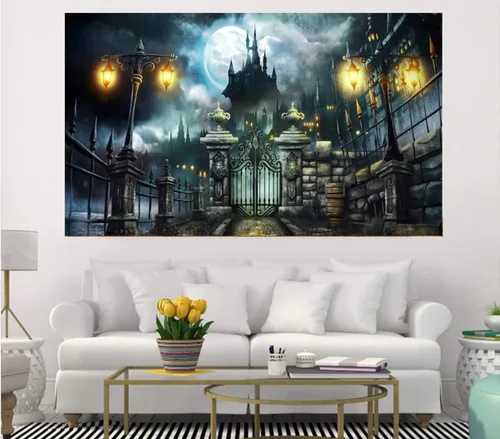 Vista 4 de Telón de fondo de Halloween, puerta del castillo, farol de luna, fondo de fotografía, póster de estudio de fotografía, póster de vinilo para fondo