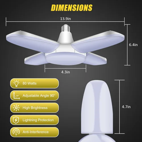 Vista 5 de Paquete de 4 luces LED de garaje, luz LED de 80 W con 4 + 1 paneles multiposición, lámpara de techo deformable E26/E27, 6500 K 8000 lm para tienda
