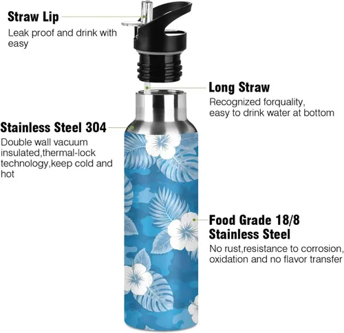 Vista 3 de Stainless Steel Vacuum Insulated Water Bottle 20 Oz, Leakproof Water Bottles for Gym Outdoor Travel School, Flowers Tropical Leaves Blue