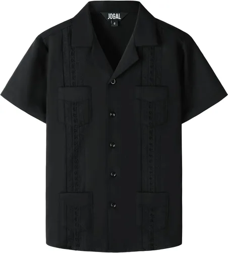 Vista 16 de JOGAL Camisas guayabera cubanas para niños de manga corta con botones, camisa casual de playa Verde militar