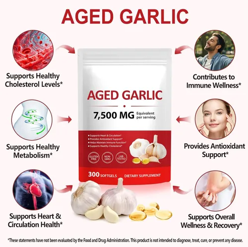 Vista 3 de Cápsulas de extracto de ajo envejecido prémium de 7,500 mg, suplementos de ajo inodoros para la salud del corazón, apoyo inmunológico y beneficios