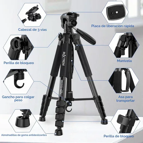 Vista 8 de MACTREM Trípode de cámara de 75 pulgadas para Sony Canon Nikon, soporte de trípode de aluminio ligero de viaje con soporte para teléfono celular