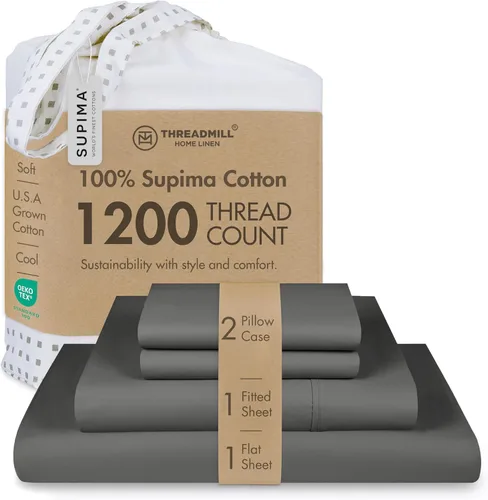 Vista 12 de Threadmill Sábanas de lujo de algodón Supima, sábanas de 100% algodón suaves de 1200 hilos de lujo para cama tamaño matrimonial, juego de 4 sábanas