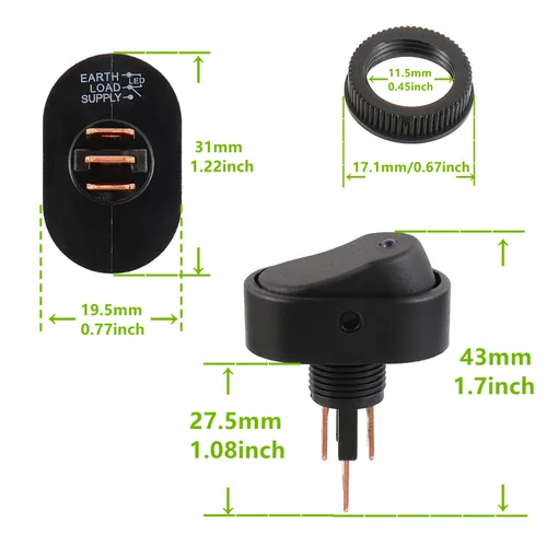 Vista 5 de Interruptor basculante LED impermeable de 12 V 30 A SPST de 3 pines y 2 posiciones para automóvil, camión, RV, motocicleta, barco, control marino