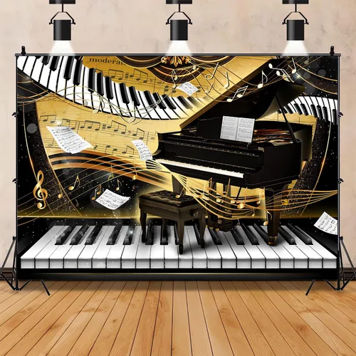 Vista 9 de Telón de fondo con tema de piano de 7 x 5 pies, notas musicales doradas, fondo de foto, tema musical, decoración de fiesta de cumpleaños, pancarta