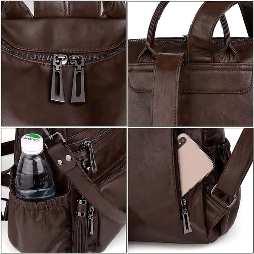 Vista 4 de UTO Mochila de cuero vegano para mujer, diseño de moda, convertible con borla, para viajes, con borla
