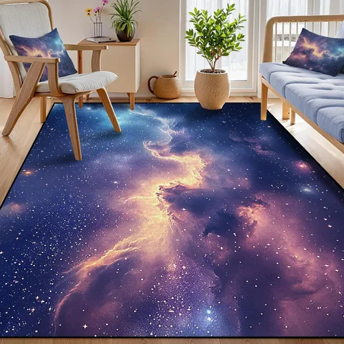 Vista 16 de Alfombra galaxia de 2 x 3 pies para habitación de niños, alfombra de cielo estrellado de pelo bajo, antideslizante, lavable, alfombra nebulosa