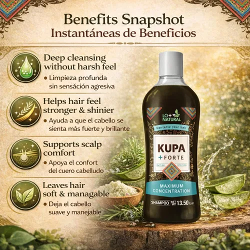 Vista 4 de Champú KUPA + FORTE con romero y aloe vera, 13.5 onzas líquidas, fórmula inspirada en huichol a base de hierbas, limpieza profunda y cuidado
