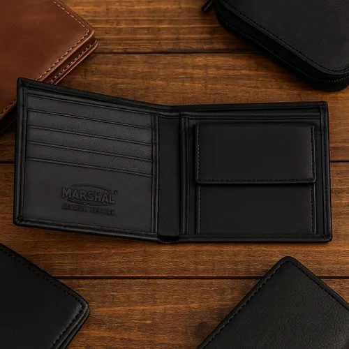 Vista 6 de MARSHAL Cartera de cuero suave para niños delgada delgada monedero plegable, Negro -, Billetera plegable