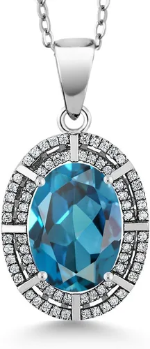 Vista 22 de Gem Stone King Collar con halo de dos filas de 5 a 10 quilates con piedra natal ovalada de 0.55 x 0.39 pulgadas en plata de ley 925 Collar