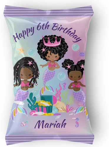 Vista 4 de Recuerdo de fiesta personalizado de sirena negra, suministros de fiesta de sirena para fiesta de cumpleaños de niña (12 bolsas de papas fritas)