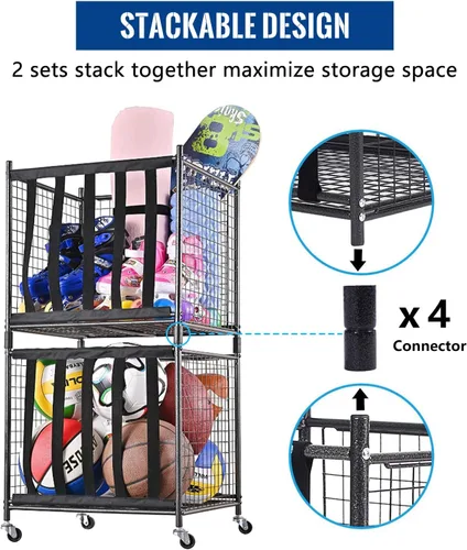 Vista 3 de Mythinglogic Carrito de almacenamiento de pelotas deportivas rodantes, armario de almacenamiento de bolas con cerradura deportiva con ruedas, jaula