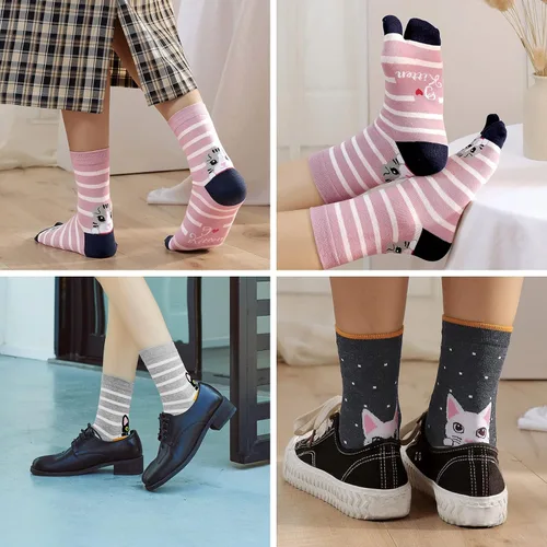 Vista 5 de Hellomamma Tabi - Calcetines de dos dedos para mujer, con división atlética, de algodón, colorido, 4 pares