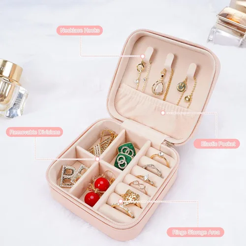 Vista 6 de XZUZ Pequeñas cajas de joyería de viaje, organizador de joyas portátil, cajas de almacenamiento para aretes, anillos, collares, cajas de joyería