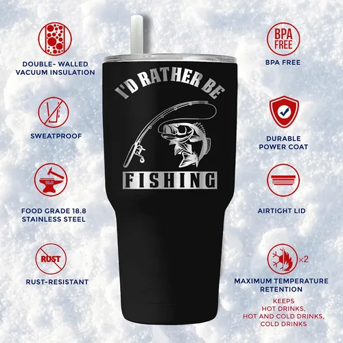 Vista 3 de Regalo de pesca de 30 onzas I'd Rather Be FishingTumbler y regalos de pesca Regalo para un pescador Incluye popote de silicona y tapa Taza