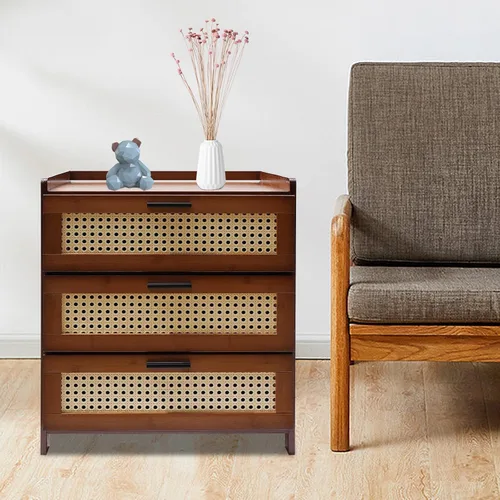 Vista 3 de Mesita de noche con cajón, mesa de noche moderna de mediados de siglo con cajón, mesa auxiliar de bambú para espacios pequeños, dormitorio, sala