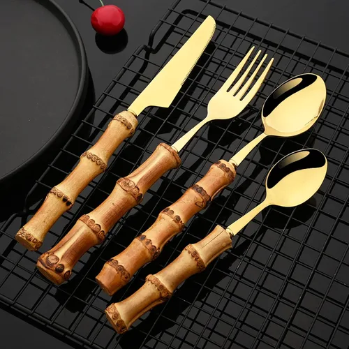 Vista 2 de JASHII Juego de cubiertos de bambú natural de 16 piezas, servicio para 4, cubiertos de acero inoxidable para comer con mango de bambú, pulido