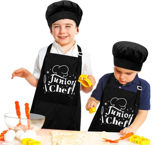 Vista 5 de MHJY Delantal infantil y sombrero de chef para niños, delantales ajustables con bolsillos para cocinar, hornear, pintar de 3 a 12 años