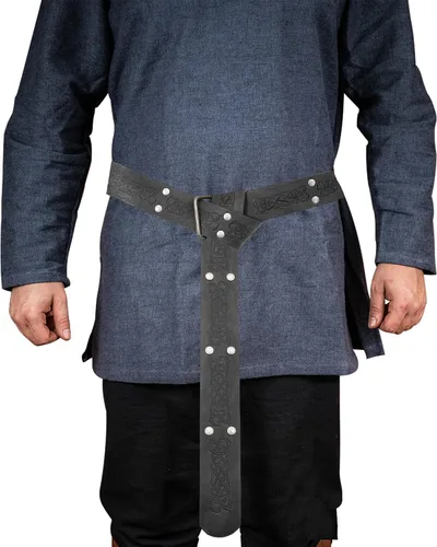 Vista 2 de GelConnie Cinturón de cuero vikingo Ren Faire, cinturón medieval para hombre, cinturón ancho de piel sintética, cinturón de cuero renacentista