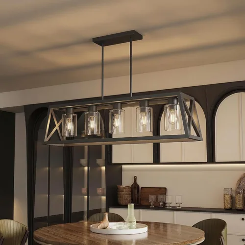 Vista 15 de Lámpara de comedor de granja – Iluminación de isla de cocina de 4 luces con altura ajustable y metal grueso para comedor sobre mesa, candelabros