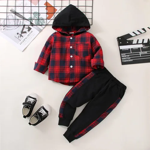 Vista 4 de Ropa para bebés y niños pequeños, conjuntos de otoño e invierno, con botones, camisa a cuadros con capucha y pantalones
