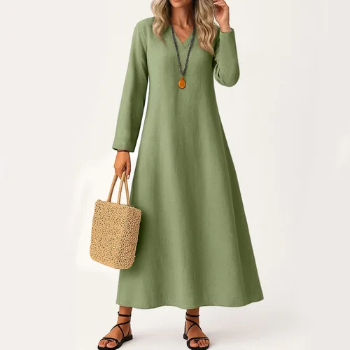 Vista 2 de Vestido de lino de algodón para mujer, de manga larga, holgado, ligero, básico, con cuello en V, vestido largo y modesto