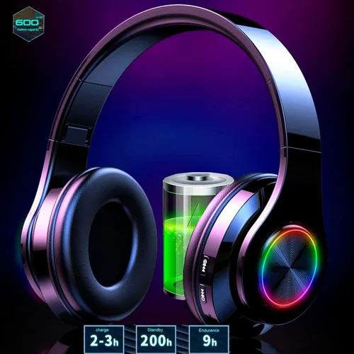 Vista 2 de Auriculares Bluetooth sobre la oreja, auriculares inalámbricos con reducción de ruido y micrófono/bajo profundo, auriculares LED plegables y ligeros