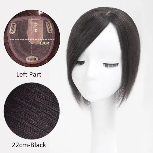 Vista 2 de Parte en U de cabello humano real con base de seda, parte lateral, clip en el postizo lacio, sin costuras, repuesto para pérdida de cabello de Negro