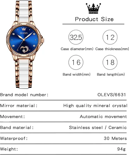 Vista 4 de OLEVS Relojes de vestir elegantes para mujer, automático, de acero inoxidable, resistente al agua, de cerámica, con luminoso