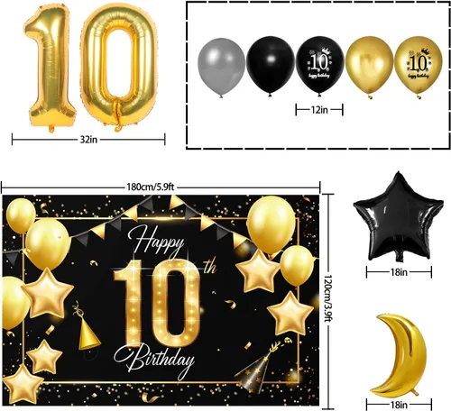 Vista 2 de Juego de globos dorados de feliz cumpleaños número 10 – Saludos a los 10 años de edad, guirnalda temática de fiesta con estrellas y luna, decoración