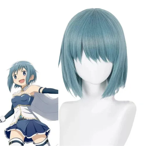 Vista 2 de Xingwang Queen Anime Puella Magi Madoka Magica Miki Sayaka Cosplay peluca con dos horquillas corto gris azul pelucas de fiesta para mujeres y niñas