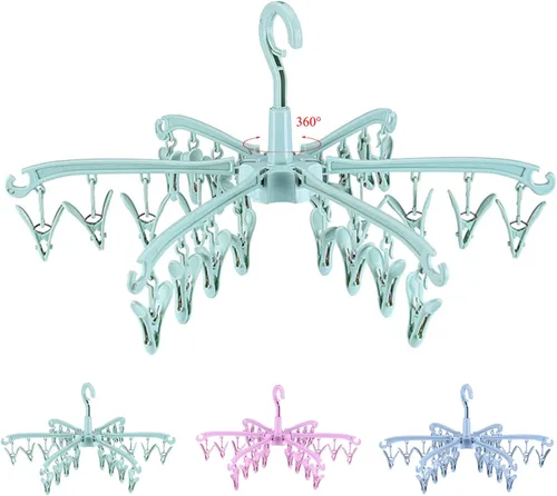 Vista 14 de Estante de Secado Plegable con 24 Clips para Secar Calcetines, Lencería, Ropa de Bebé, Toallas, Estante Giratoria para Secar Calcetines Azul