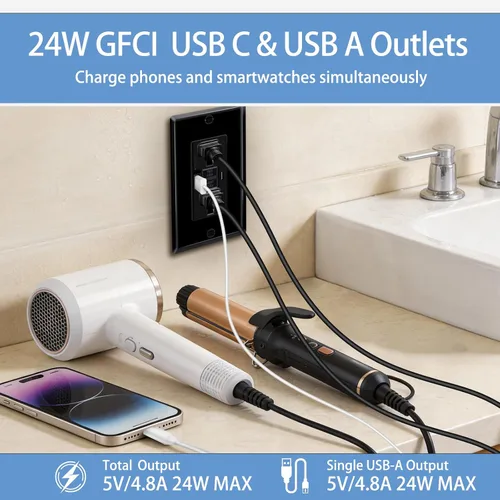 Vista 2 de Toma GFCI negra de 15 amperios con puertos USB C y USB-A, 1 unidad de 24 W de autotprueba GFCI USB Combo con indicador LED, resistente a