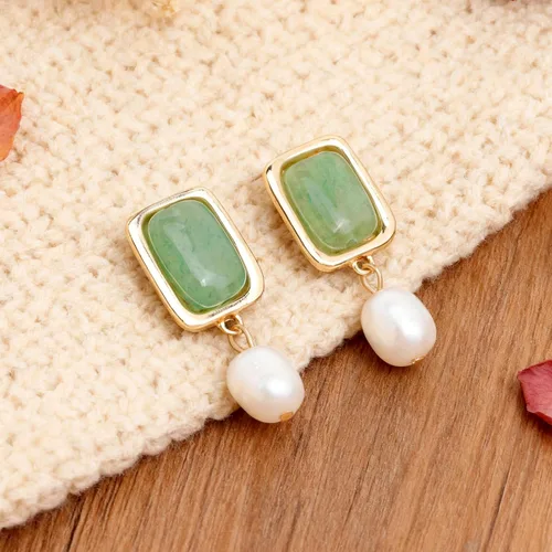 Vista 7 de Sonateomber Gold Gemstone Dangle Drop Earrings for Women,Chunky Statement Pearl Square Natural Stone Healing Dangling Earings Prom Wedding