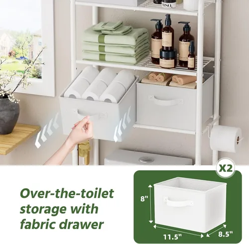 Vista 4 de Simple Trending Estante de almacenamiento sobre el inodoro con cajones, estante organizador de baño de metal de 3 niveles con soporte para papel y 3
