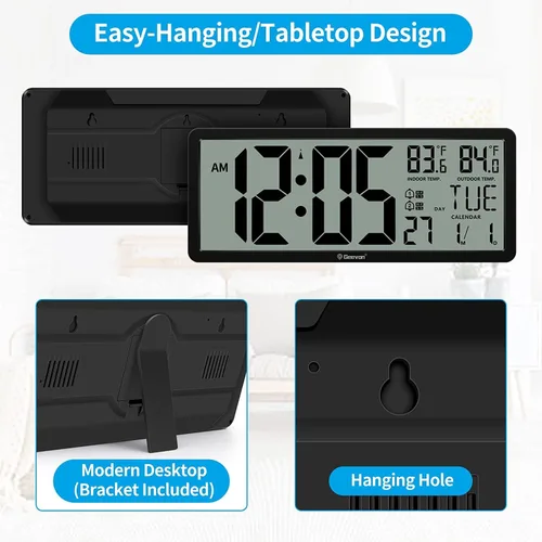 Vista 7 de Geevon Reloj atómico grande de 14.3 pulgadas con temperatura interior y exterior, reloj de pared digital que funciona con pilas, día y fecha