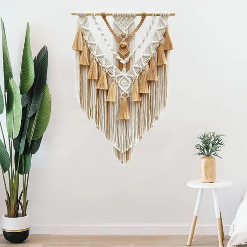 Vista 2 de Tapiz bohemio de macramé para colgar en la pared y decoración de pared, tapiz de algodón hecho a mano con borla, arte de pared tejido de macramé