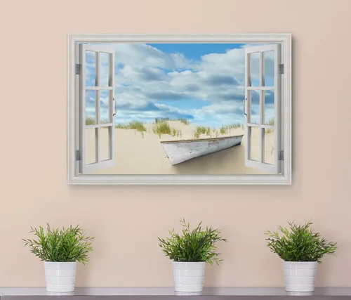 Vista 3 de Renditions Gallery Lienzo decorativo para pared, vista de barco viejo atracado en la playa de arena blanca, obra de arte para colgar en la pared