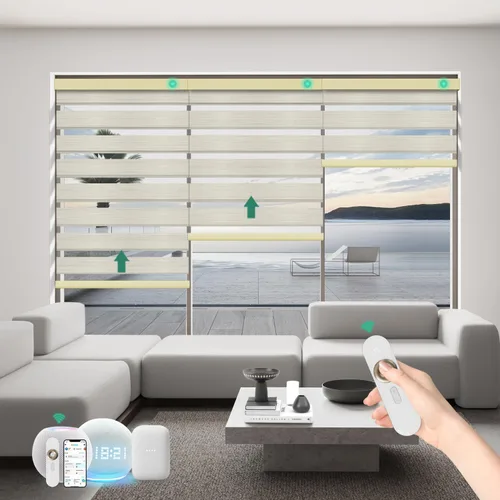 Vista 17 de Persianas motorizadas de cebra con control remoto, funcionan con HomeKit Alexa, cortinas eléctricas automáticas para ventanas, 60% opacas, filtro