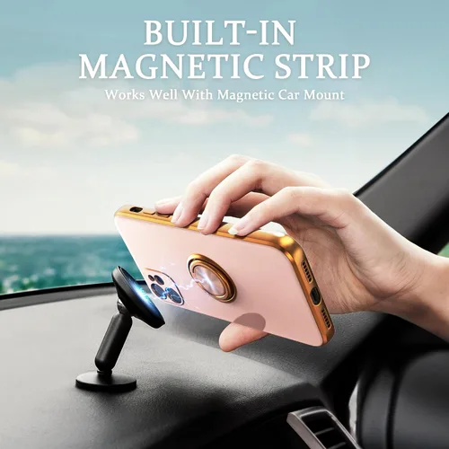 Vista 7 de IDweel Funda para iPhone 11 con soporte de anillo de 360° con soporte magnético, ligera, delgada, borde de oro rosa, TPU suave, protección