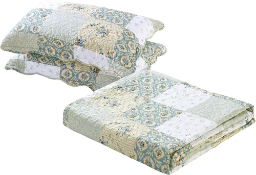Vista 3 de All American Collection Nuevo Juego Reversible de 2 Piezas de Colcha/Edredón con Estampado Floral de Patchwork Azul/Verde, Cortinas a Juego