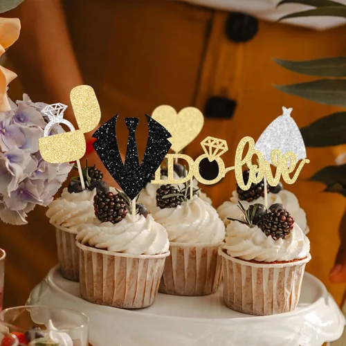 Vista 7 de 24 adornos para cupcakes de boda con texto en inglés «Love I Do» para decorar cupcakes, anillo de corazón, decoración para despedidas de soltera