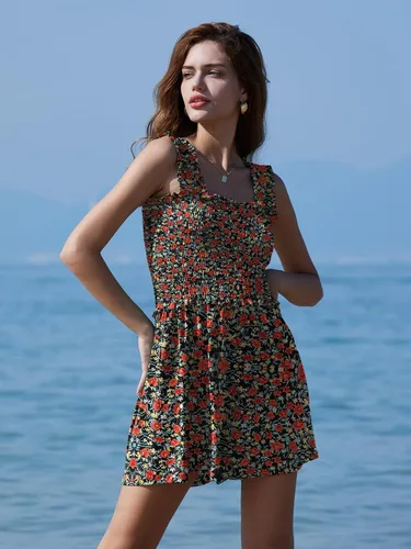 Vista 6 de DEEP SELF Mameluco de verano sin mangas para mujer, cuello cuadrado, tirantes con volantes, con bolsillos